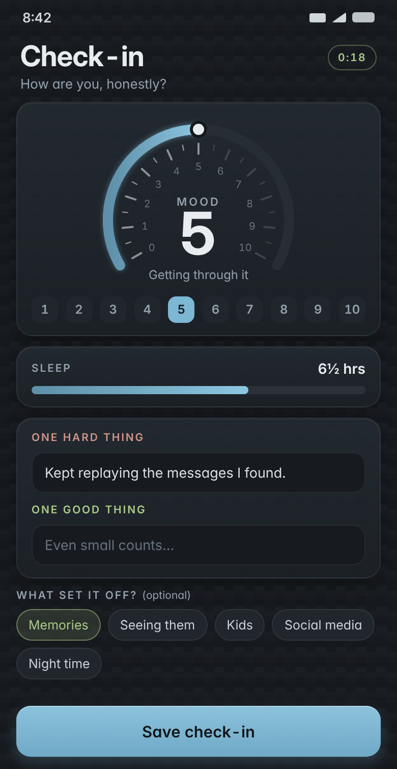 The check-in screen: mood dial, sleep, one hard thing, one good thing and optional triggers