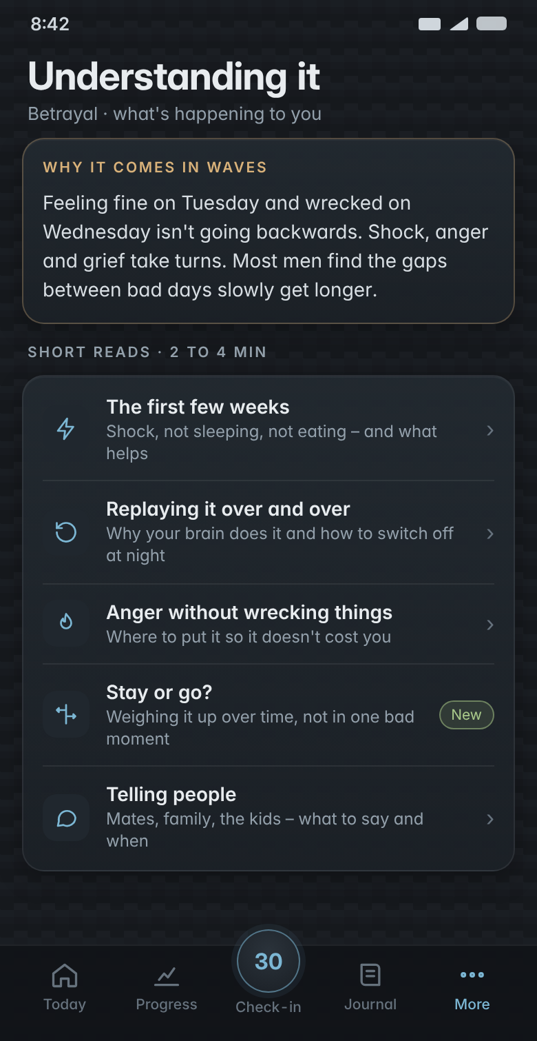 Short guides on betrayal: the first few weeks, replaying it, anger, stay or go, and telling people